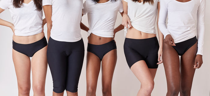 This image features women confidently wearing period underwear in various styles, including hipsters, bikinis, and high-waisted designs. The setting is casual and comfortable, showcasing the versatility of period panties for everyday wear. 