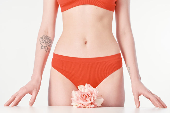 Female wearing red hipster underwear with a pink flower in front of her panties.
