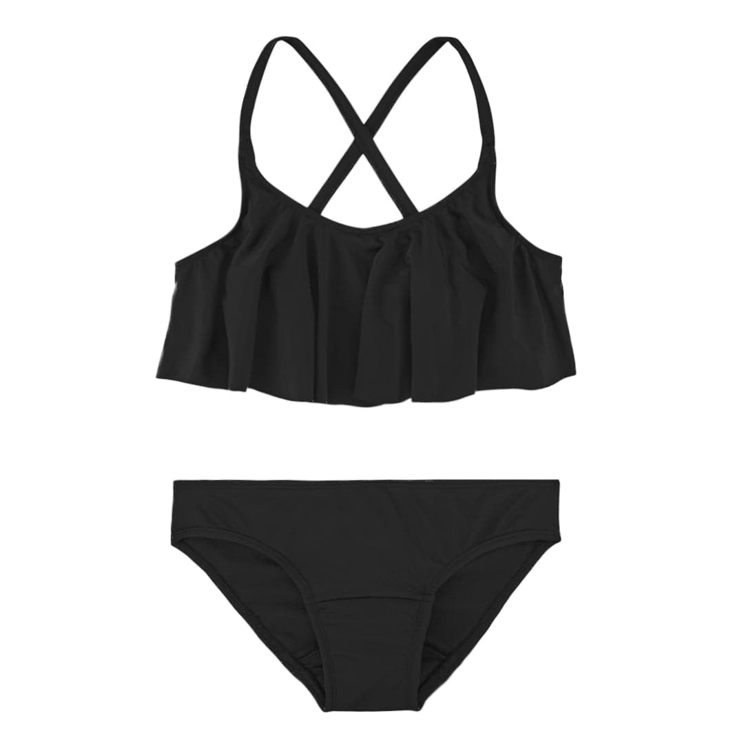 Teen Period Swimwear Ruffle Set, Black Sea